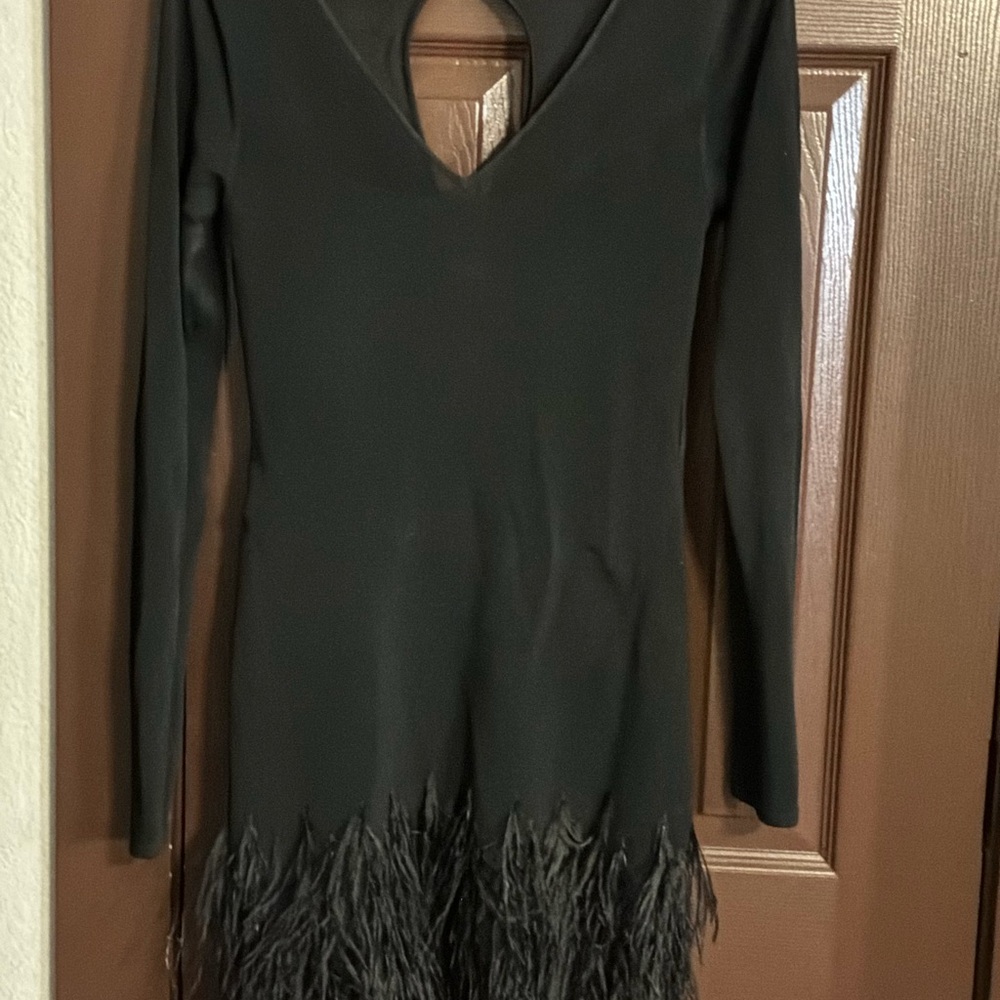 bebe Black Long Sleeve V-Neck Dress with Feather Trim